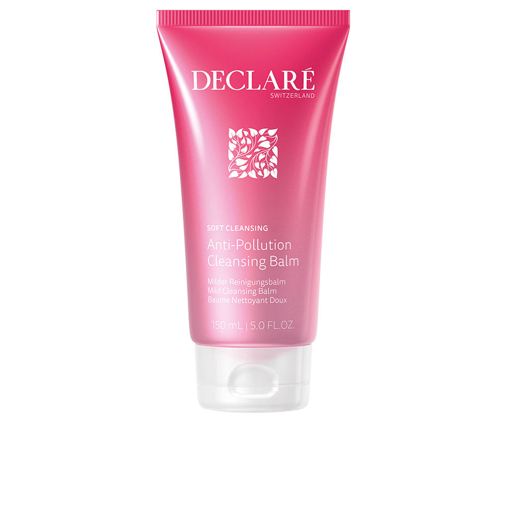 Declaré Pink plastic cleansing balm tube with flip-top cap, creamy product visible, leaf-pattern logo