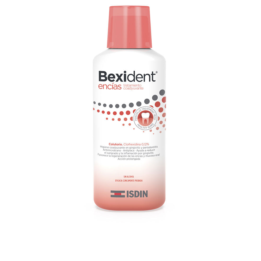 Isdin Plastic mouthwash bottle in white and coral pink with dotted pattern, tooth icon, black cap