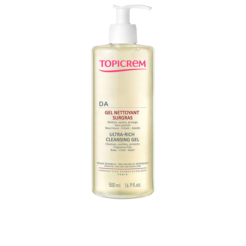 Topicrem Transparent plastic pump bottle with clear cleansing gel, white pump and red-black text, sophisticated craftsmanship