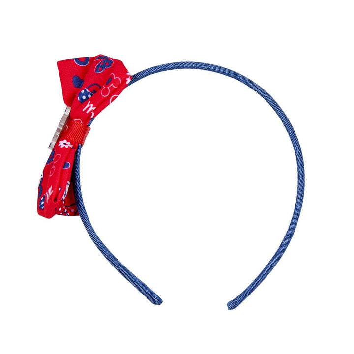 Inca Soft fabric baby headband in blue and red with patterned bow, thin band, playful casual design