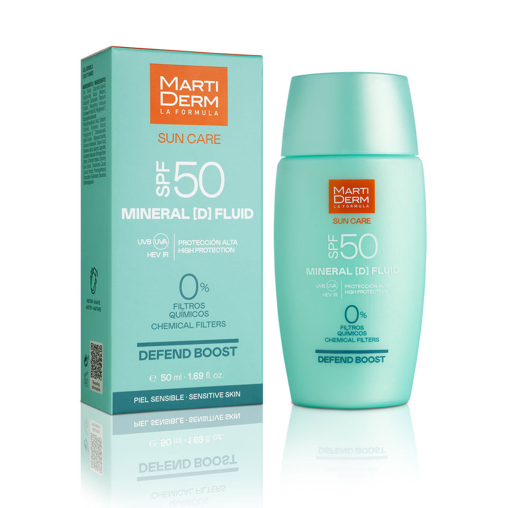 Martiderm Light turquoise sunscreen bottle with rounded edges beside rectangular box, orange logo patch, minimalist styling