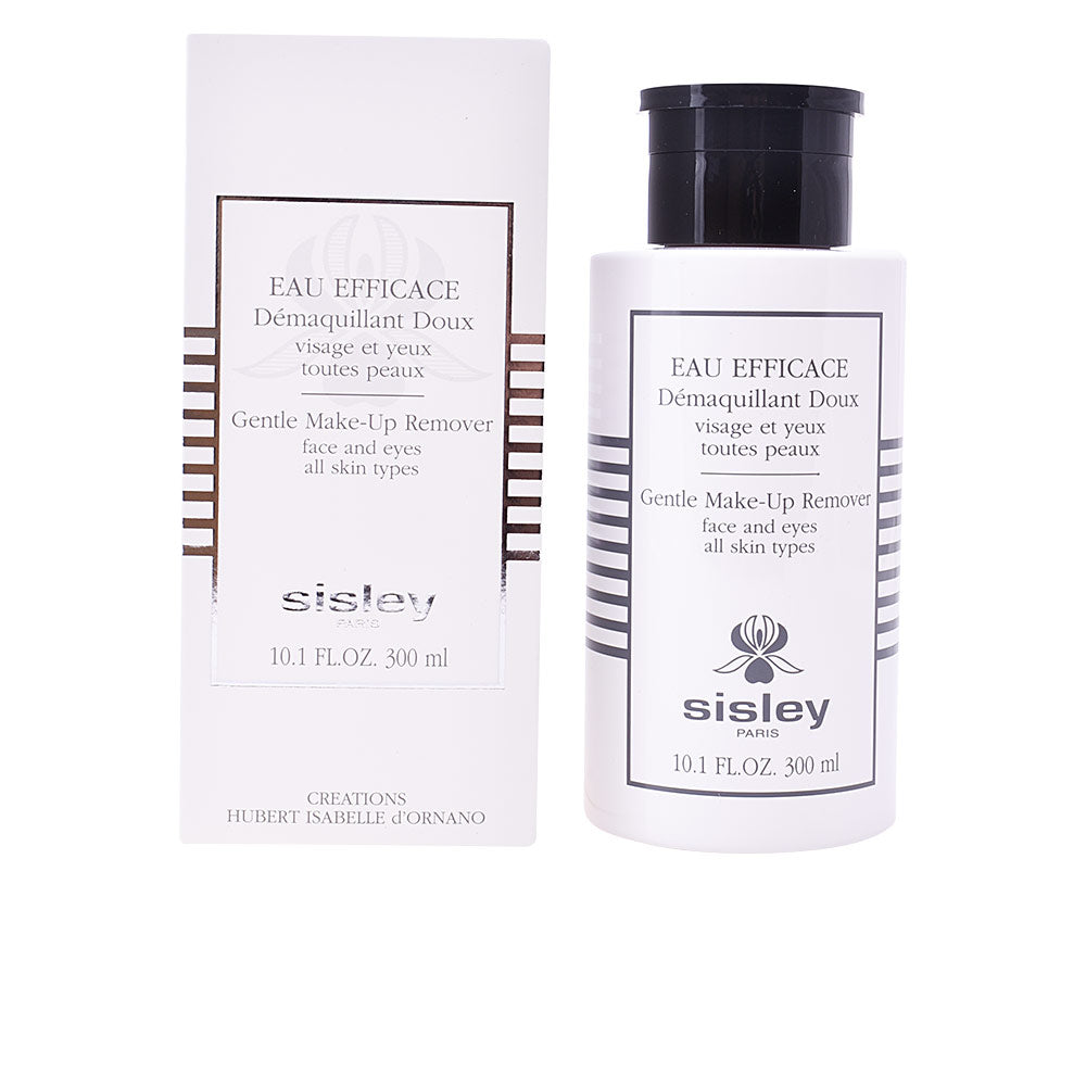 Sisley Minimalist rectangular plastic bottle with black flip-top cap, black side stripes, printed label, brand logo