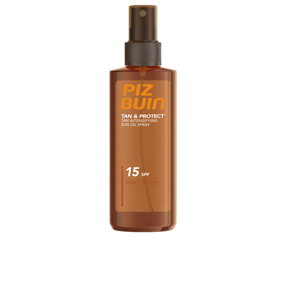 Piz Buin Warm brown plastic sun oil spray with nozzle, transparent bottle and visible SPF 15 printed label