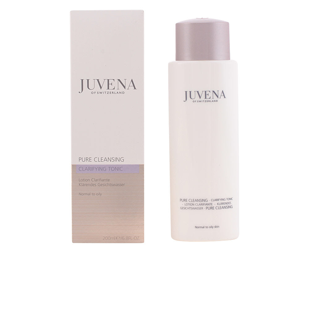 Juvena clarifying tonic in matte white cylindrical bottle with screw cap and rectangular box