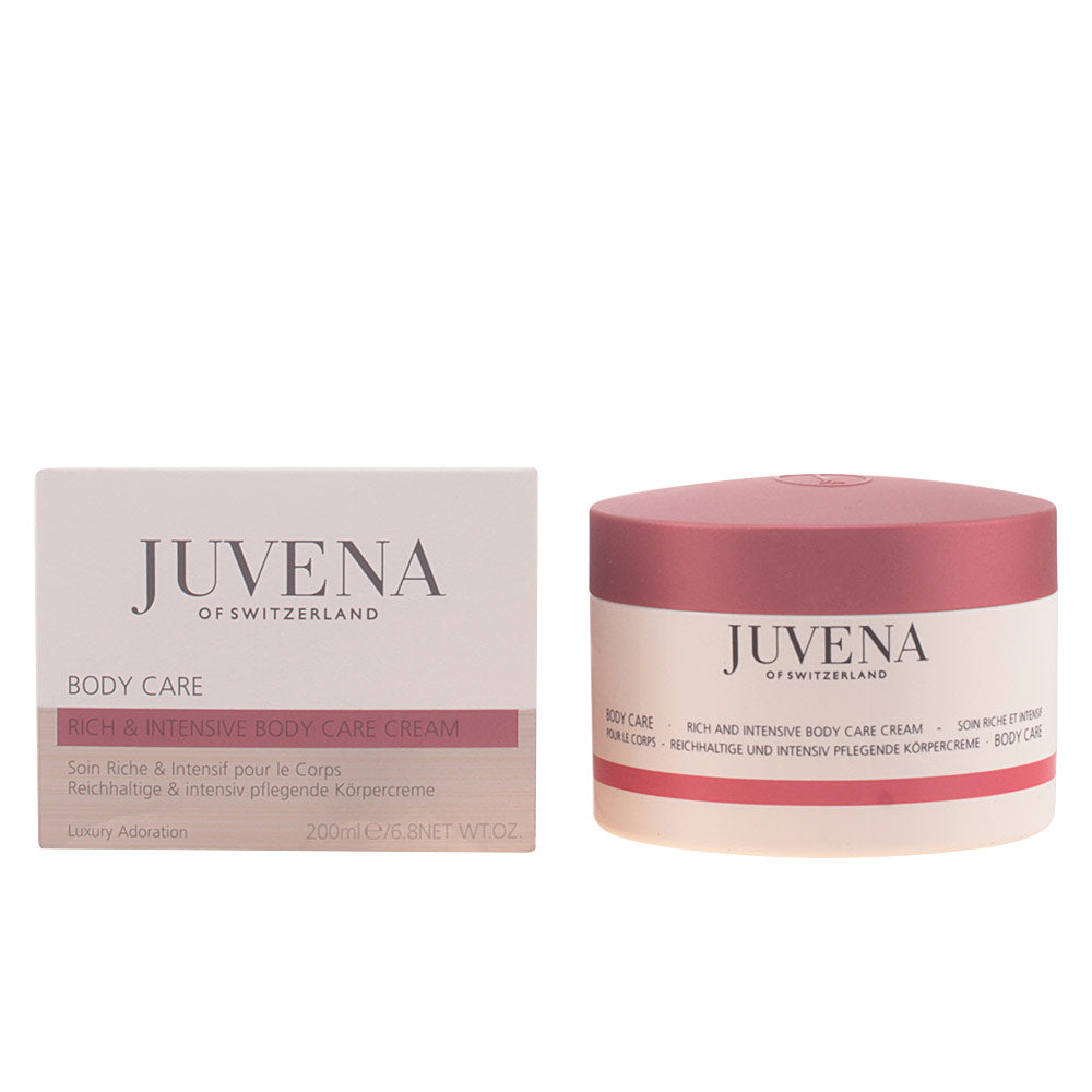 Elegant jar of Juvena BODY Luxury Adoration firming cream on neutral background
