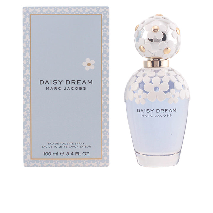 Deep blue glass perfume bottle with white daisy motif, 100 ml, floral-fruity scent