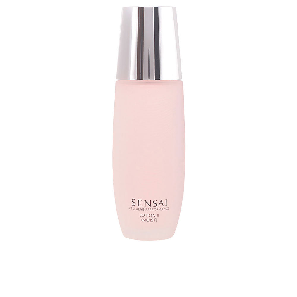 Sensai Light pink cylindrical plastic lotion bottle with metallic silver cap, matte finish and printed text