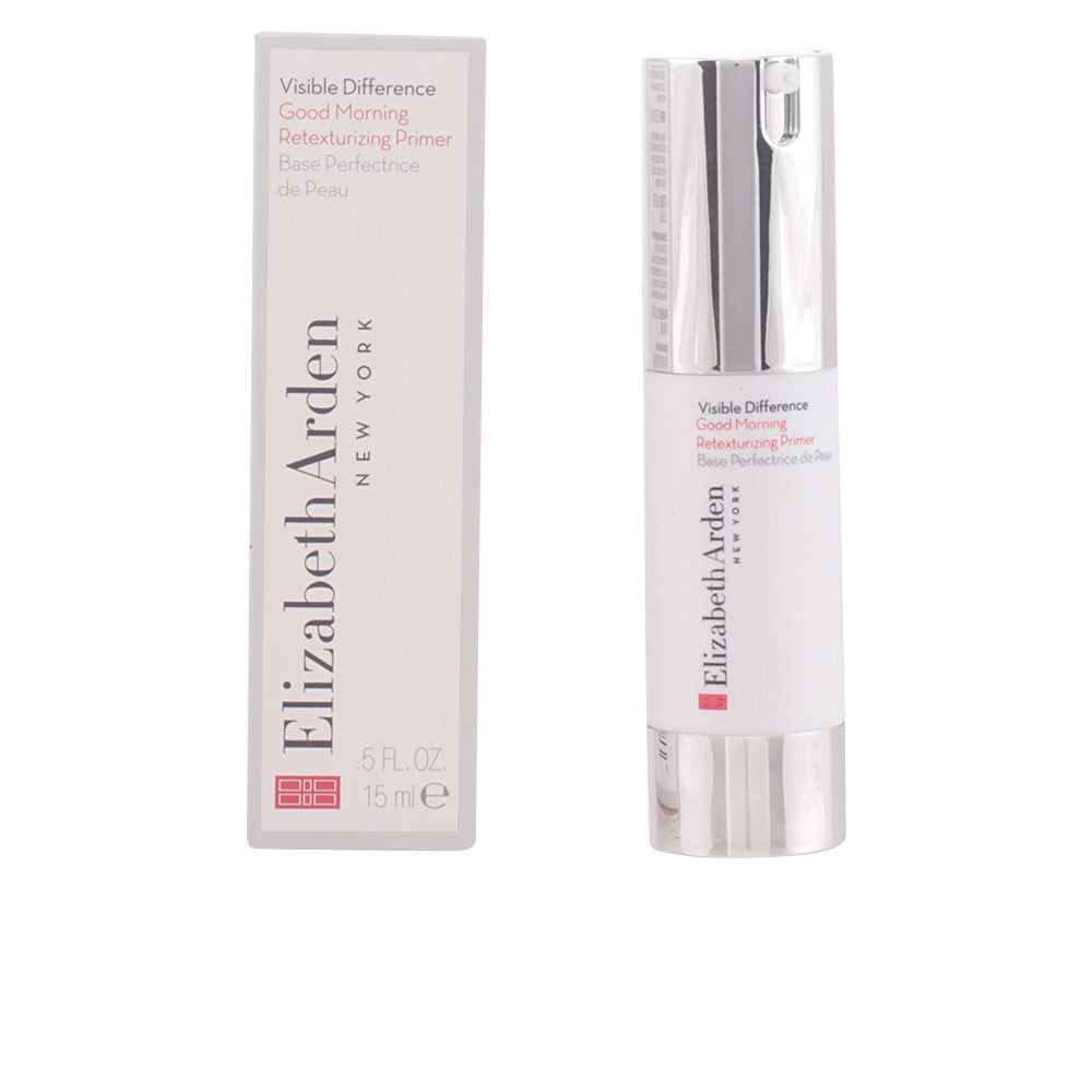 Elizabeth Arden White, silver, and pink primer bottle with pump and rectangular box, minimalist plastic and cardboard packaging