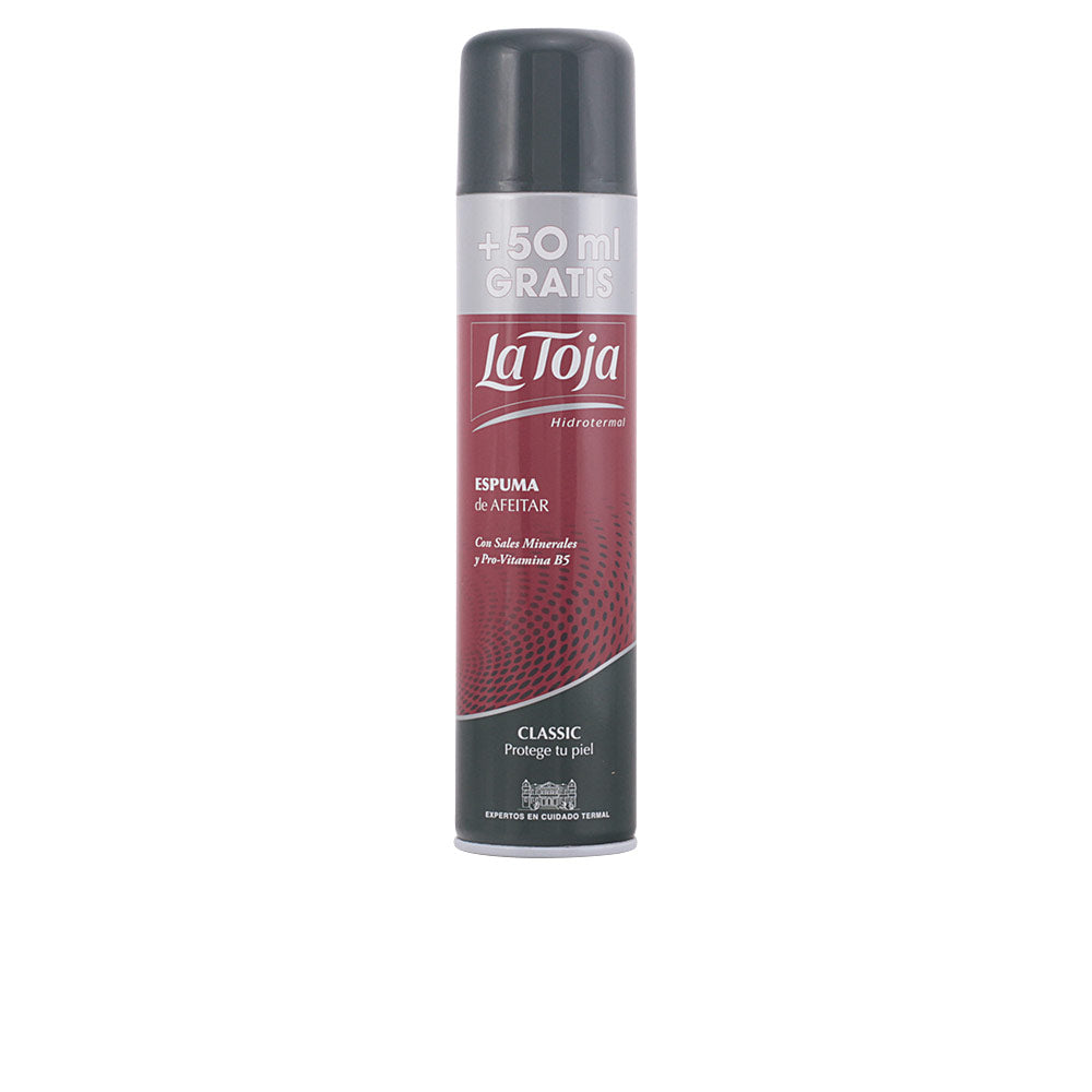 Can of La Toja Classic Shaving Foam, creamy white foam emerging from nozzle