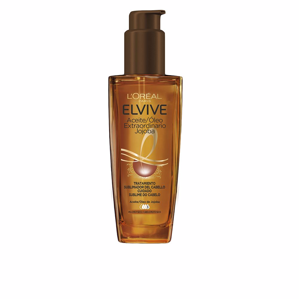 Clear glass bottle of floral hair treatment oil, 100 ml, light golden oil