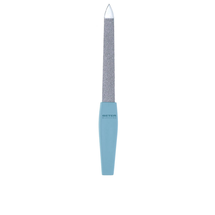 Slim blue-handled nail file with silver metal grit surface, pointed tip, tapered handle, Beter text