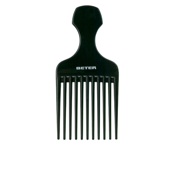 Curved plastic afro hair pick with long tapered prongs, vented spine, single piece