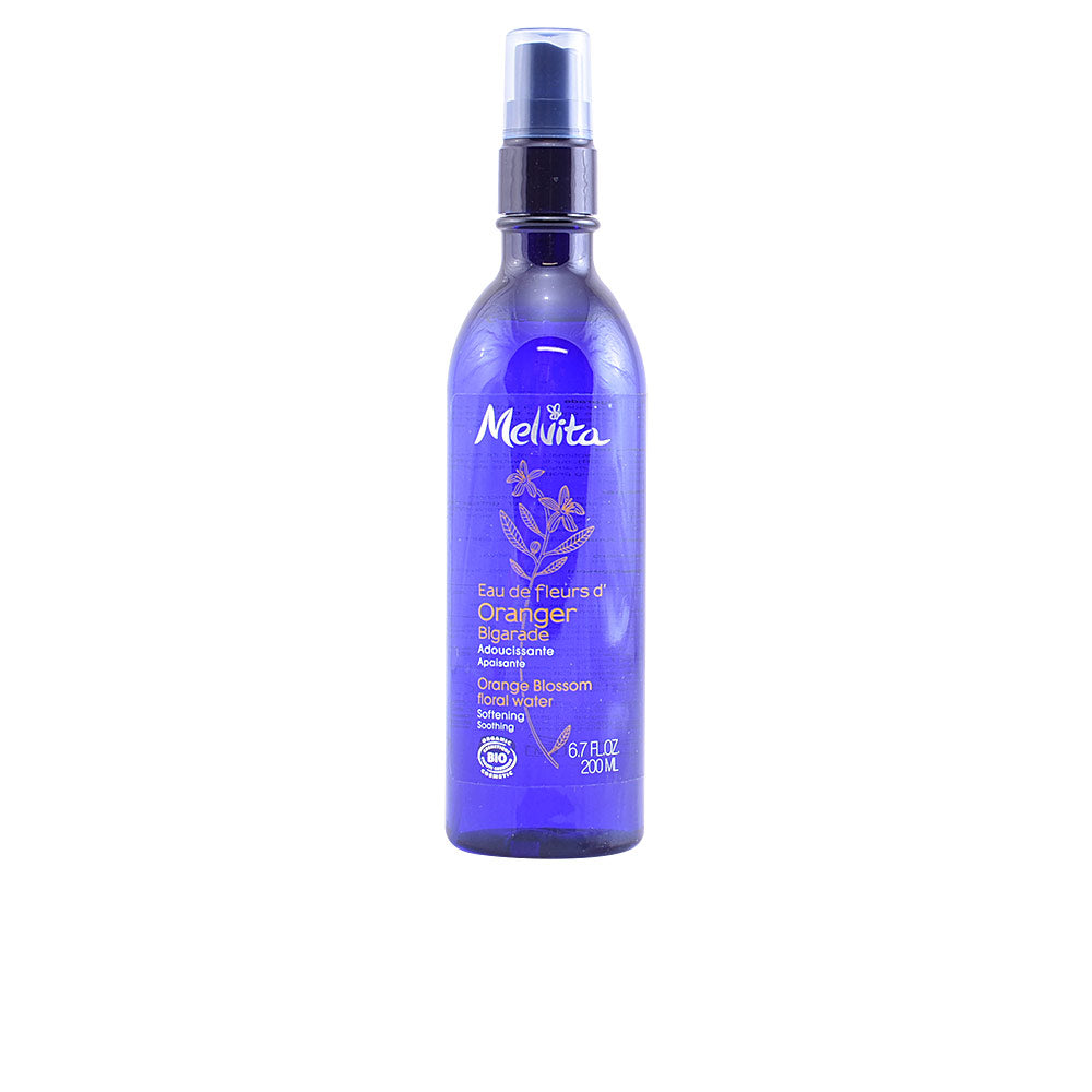Clear 200 ml spray bottle of orange blossom facial water, floral mist for face and body