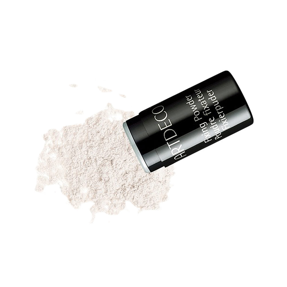 Artdeco Matte black cylindrical plastic container with printed text and white powder spill, tactile finish