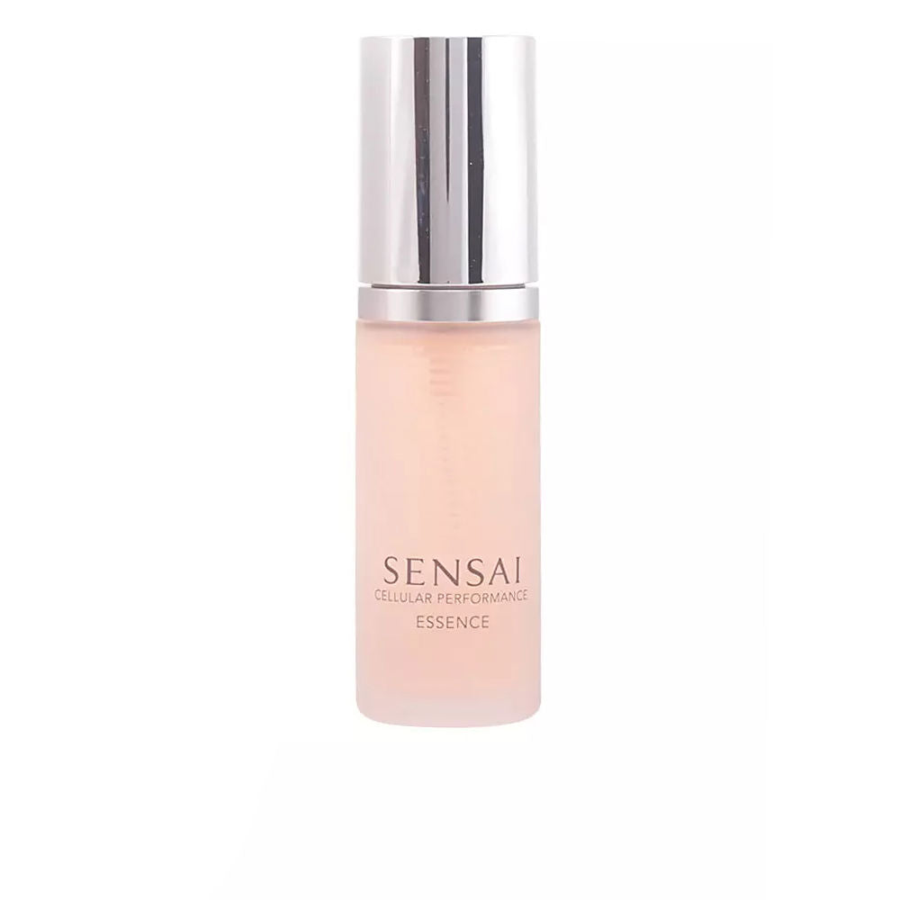 Light peach cylindrical frosted glass essence bottle with metallic silver cap and printed text, Sensai