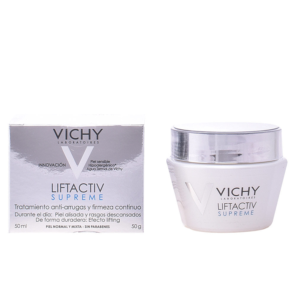 Vichy White and silver anti-wrinkle cream jar with screw lid beside matching cardboard box, brand: .