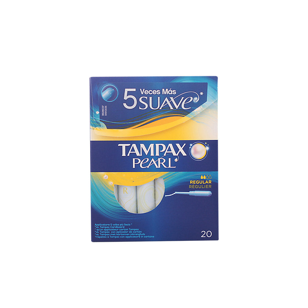 Box of Tampax Pearl Regular tampons with smooth plastic applicators and textured grips