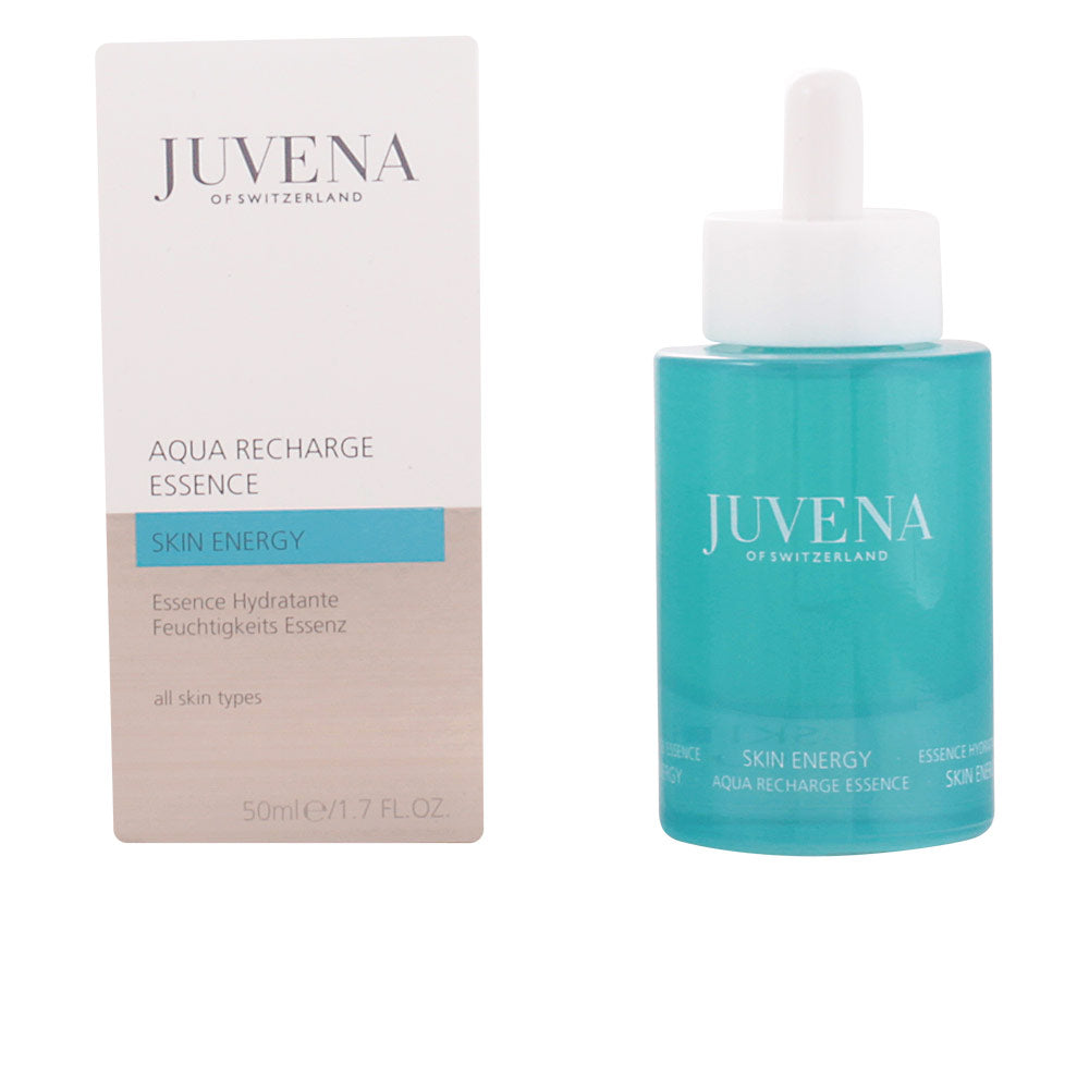 Juvena Turquoise serum in transparent glass bottle with plastic dropper, blue-label rectangular box, minimalist styling