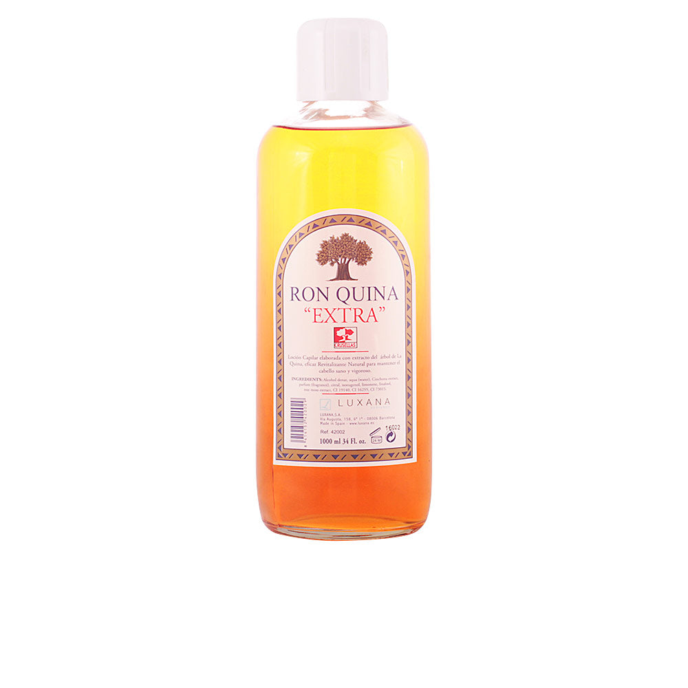Tall clear bottle of amber tonic, labelled quina bark hair lotion, 1000 ml, Unisex