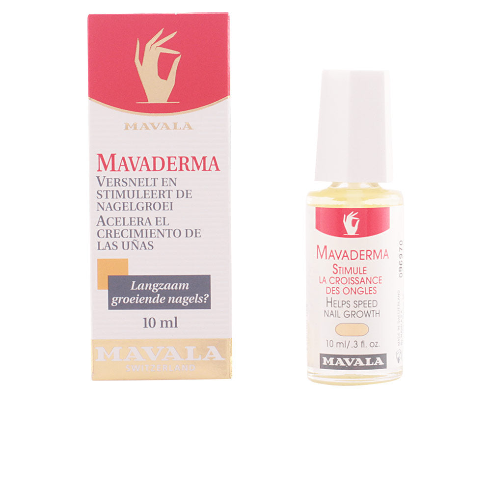 Mavala Glass 10 ml nail growth treatment bottle with white cap beside rectangular box, red and gold logo, minimalist text