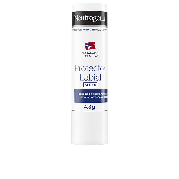 Neutrogena White plastic cylindrical lip balm with twist-up mechanism, printed text, logo, and Norwegian flag symbol