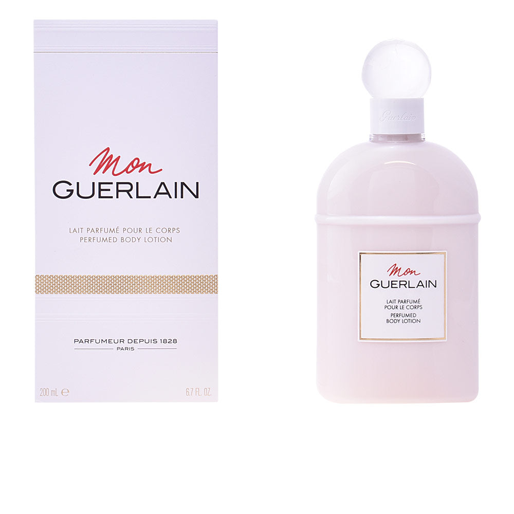 Elegant bottle of Mon Guerlain perfumed body lotion with warm amber floral scent