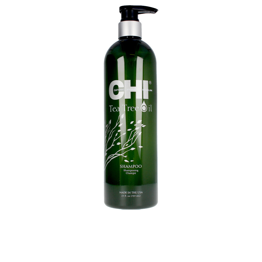 739 ml clear shampoo bottle labelled Tea Tree &amp; Mint, mint-green liquid