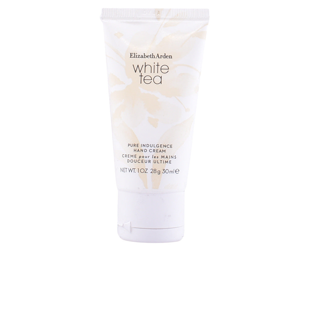 Elizabeth Arden White plastic tube hand cream with minimalist label, flip cap and subtle floral-green accents
