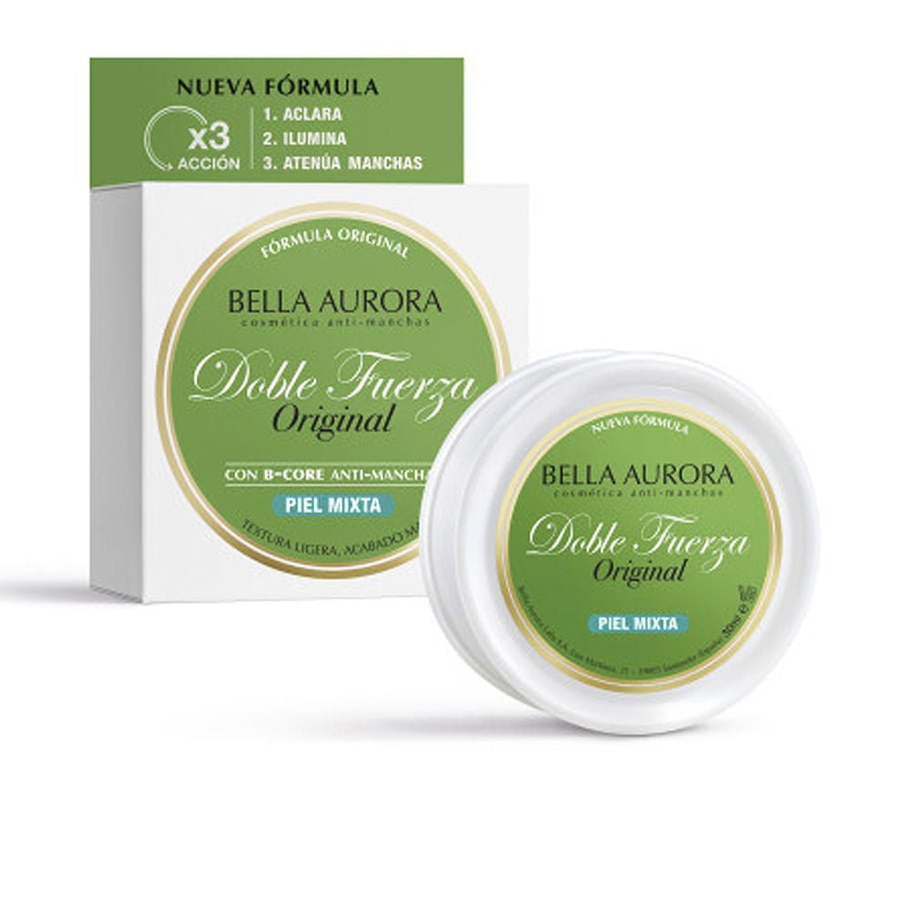 Bella Aurora Minimalist green and white round plastic cream jar with matching cardboard box, labeled and cleanly styled
