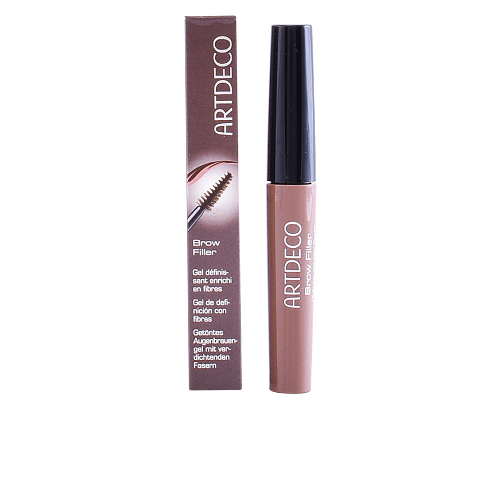 Artdeco Brown brow filler gel in plastic tube with brush applicator and printed text, boxed packaging