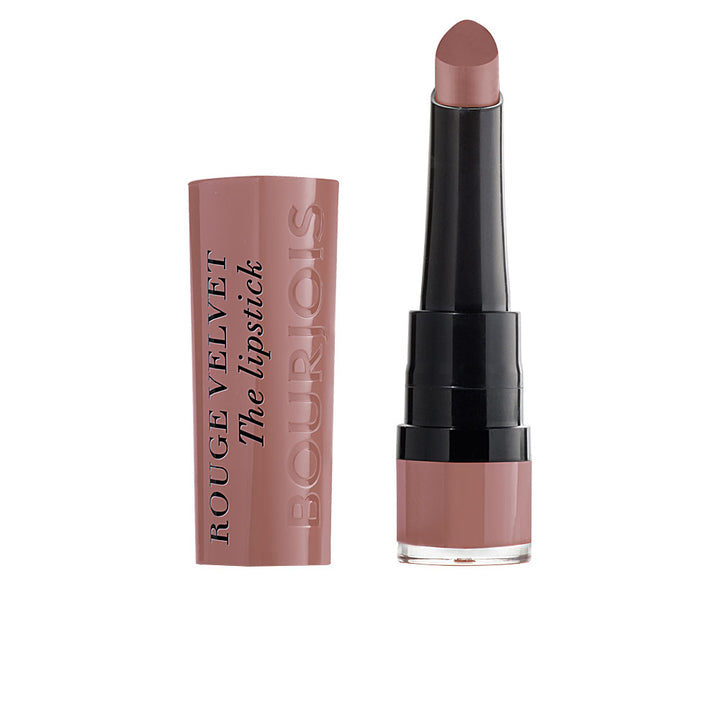 Matte velvet lipstick in deep rose shade, tear-shaped tip, 2.4 g tube