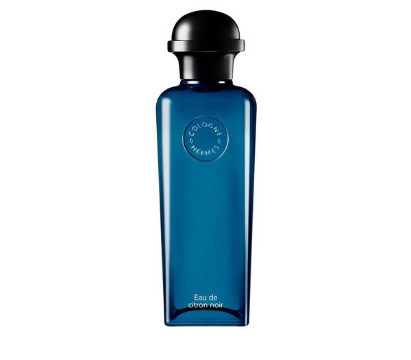 Deep-blue lantern-shaped Hermès bottle of Eau de Citron Noir with orange box