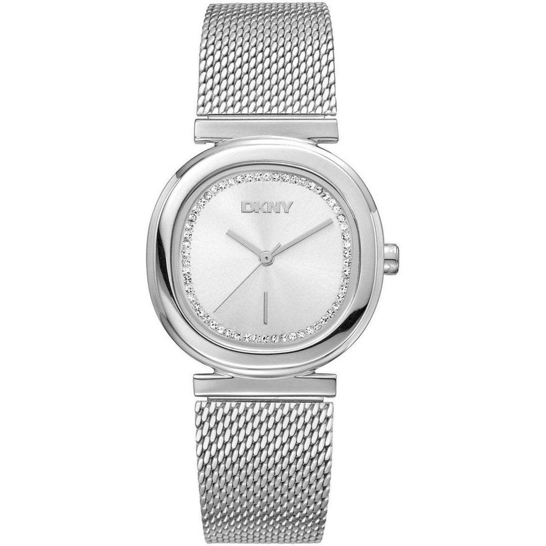 Silver stainless steel DKNY watch with mesh bracelet, sunburst dial, crystal inner bezel and three-hand movement
