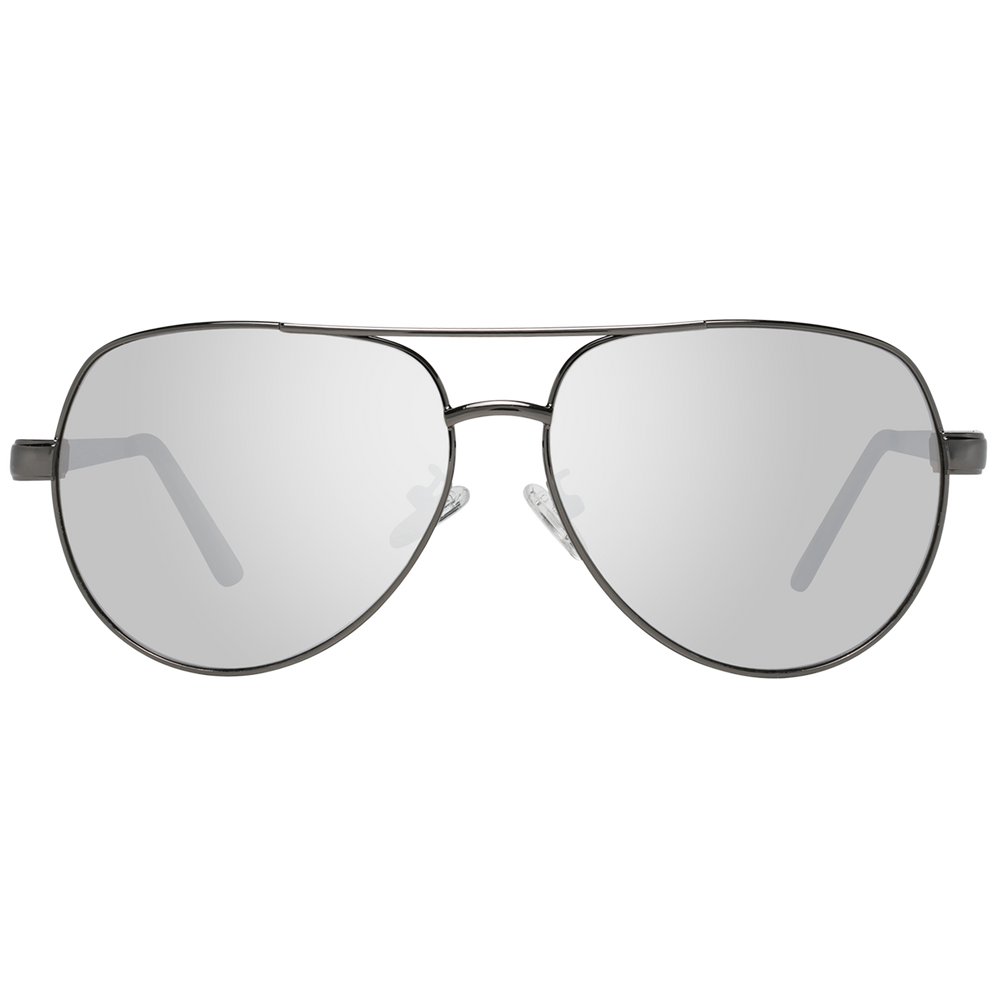 Gunmetal gray metal aviator sunglasses with double bridge and adjustable nose pads, silver finish and temple logo