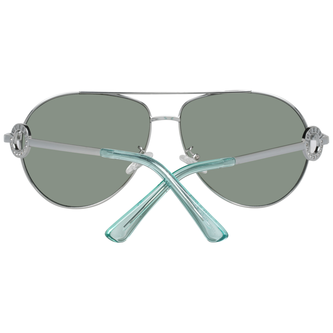 Unisex silver aviator sunglasses with green lenses, double bridge, circular temple logos, light-blue temple tips