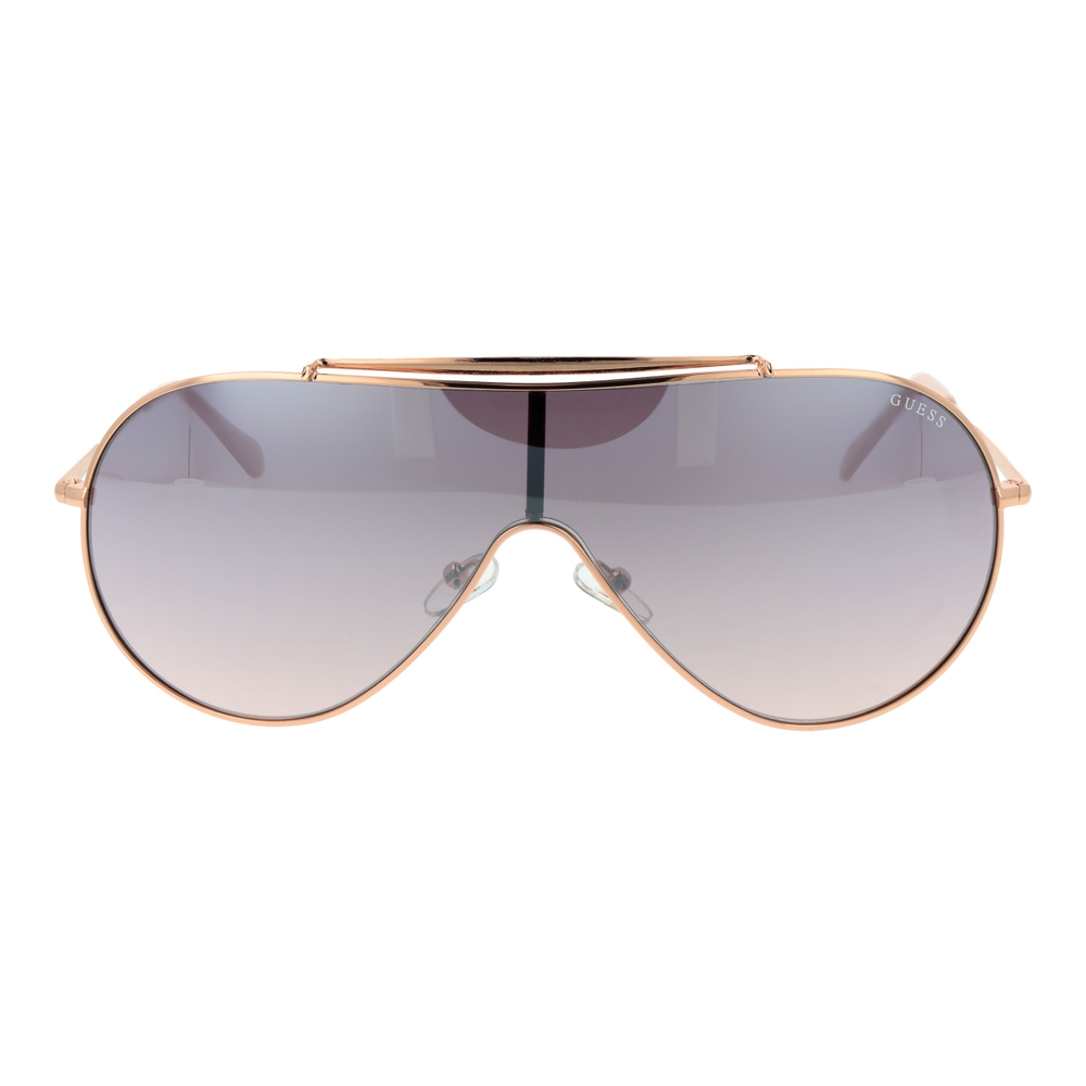 Rose gold aviator sunglasses with thin double-bridge frame and purple-to-grey gradient lenses on white background