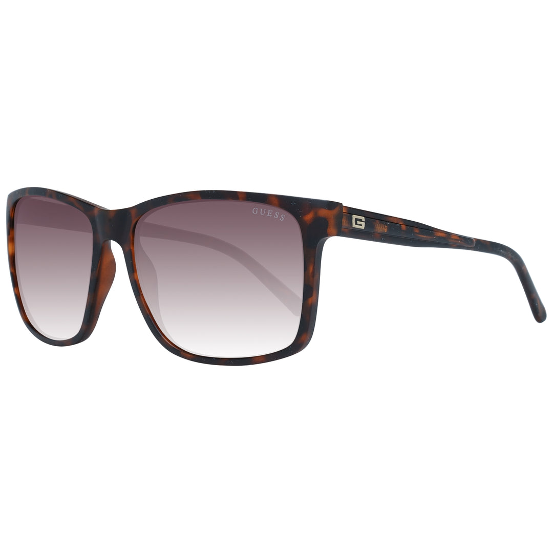 Unisex tortoise rectangular sunglasses in brown-black pattern with gradient lenses and GUESS logo on lens