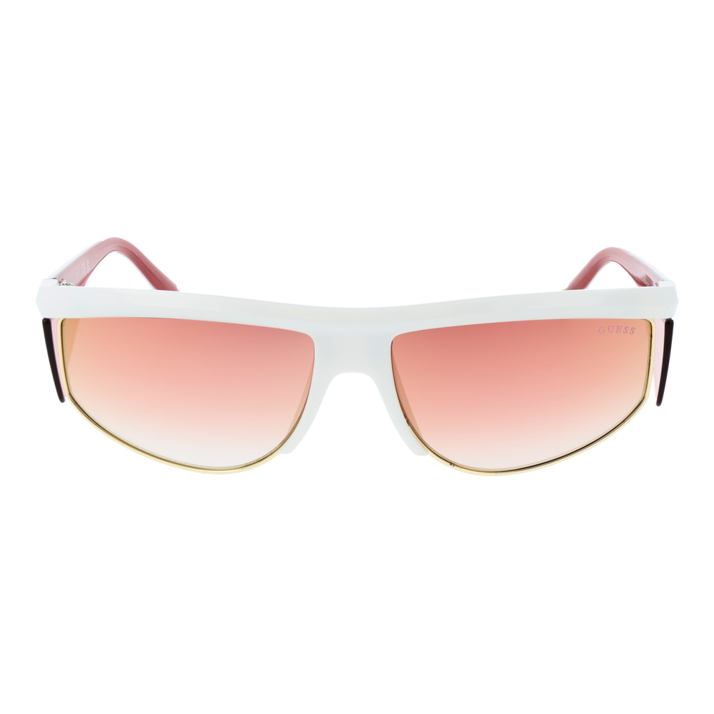 White and pink plastic sporty sunglasses with gradient lenses, gold logo on lens and side, side shields