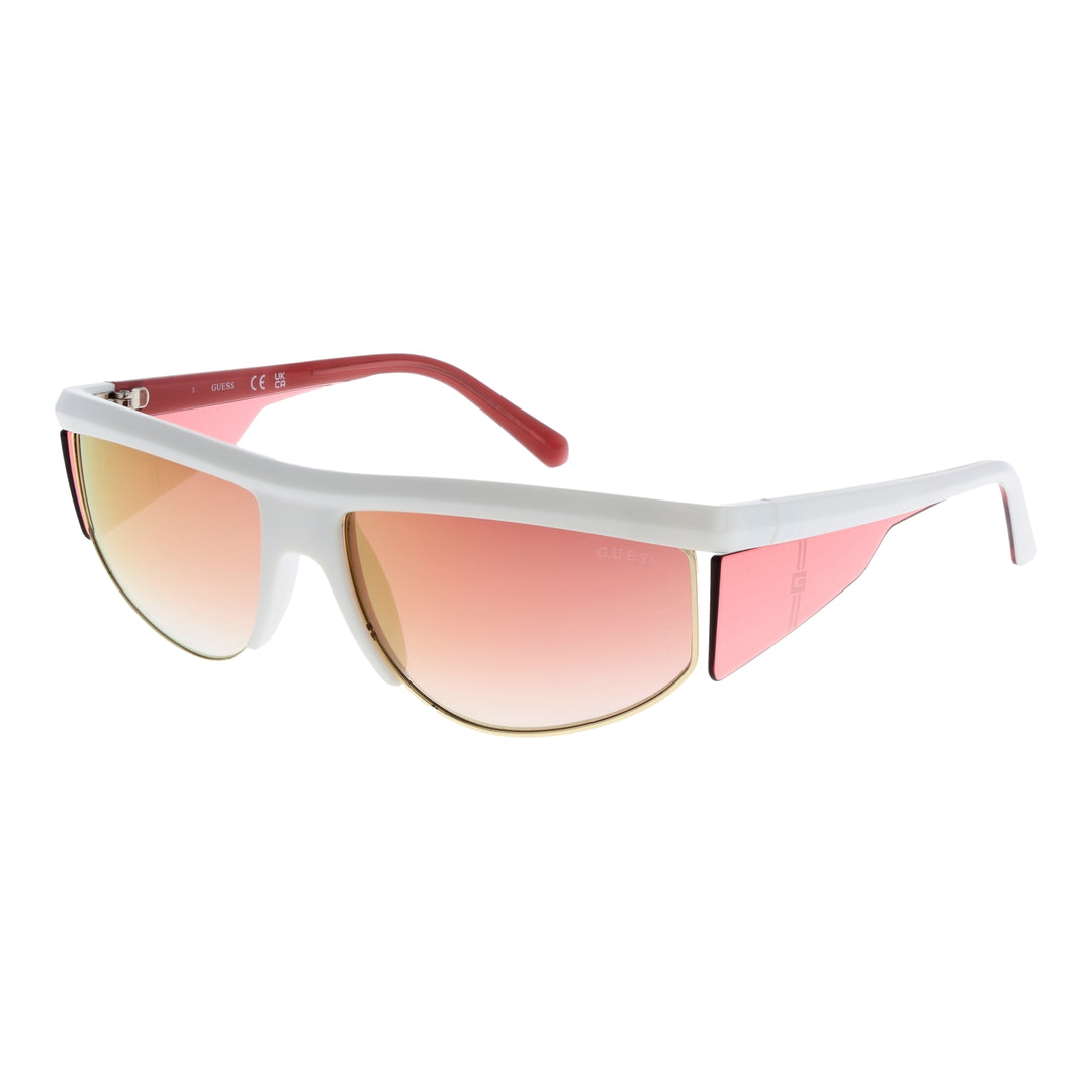 White and pink plastic sporty sunglasses with gradient lenses, gold logo on lens and side, side shields