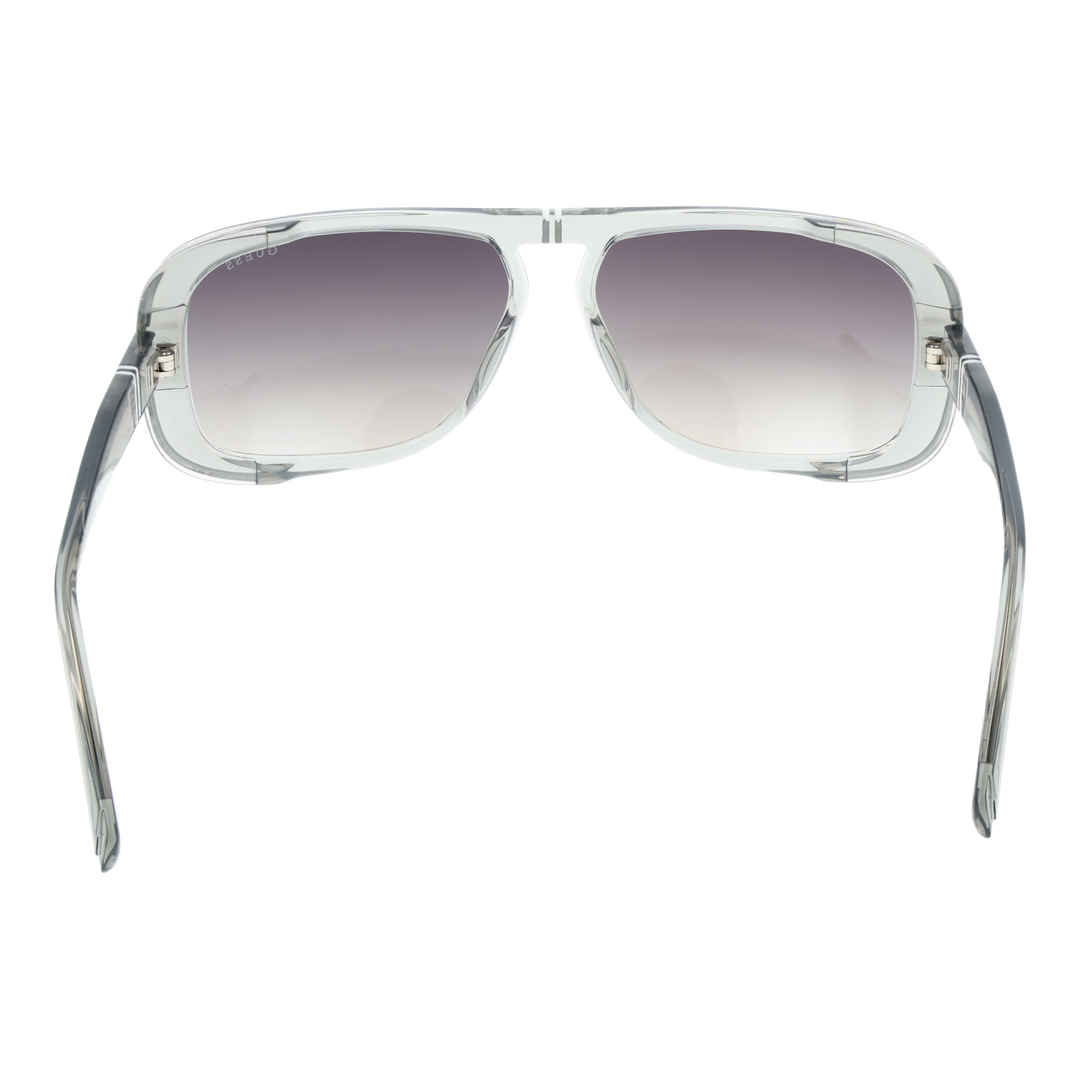 Transparent gray rectangular sunglasses with double bridge and gradient dark lenses, logo on lens and temples