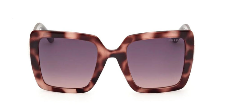 Brown tortoiseshell oversized square sunglasses, purple gradient lenses, gray arms, gold G logo on temples