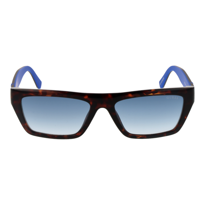 Tortoiseshell rectangular sunglasses with blue gradient lenses and Guess logo on temple and lens