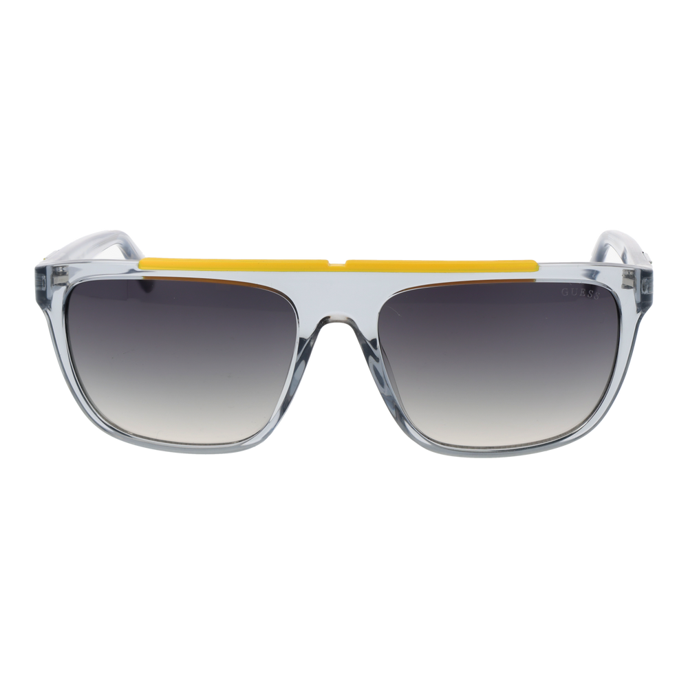 Clear square sunglasses with black-to-yellow gradient lenses and yellow top bar, sporty Unisex plastic frame