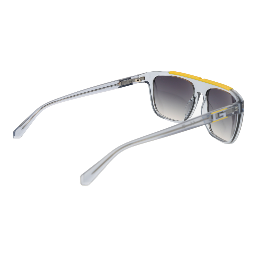 Clear square sunglasses with black-to-yellow gradient lenses and yellow top bar, sporty Unisex plastic frame