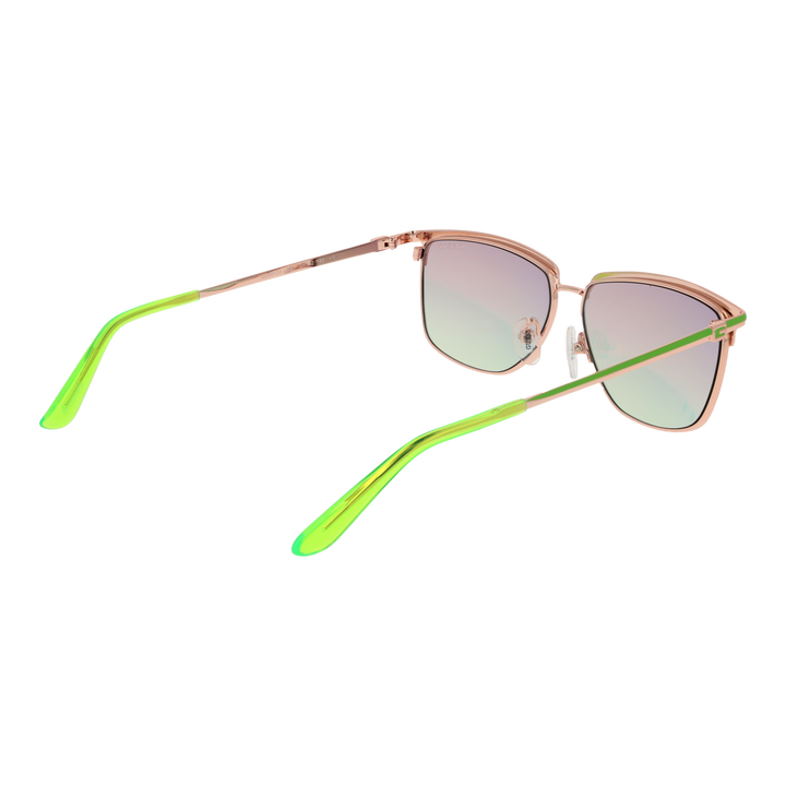 Rose gold thin metal aviator sunglasses with gradient pink-green lenses and colored temple tips on white
