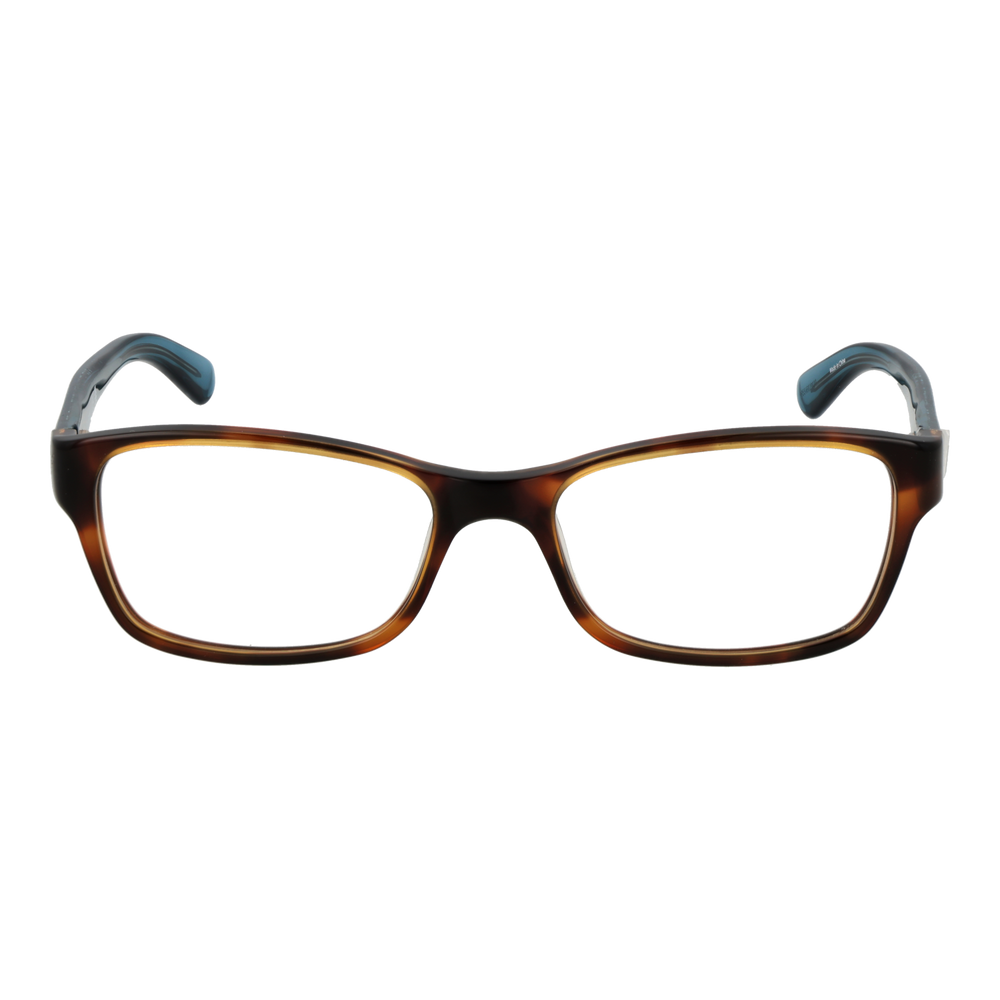 Brown and blue plastic rectangular eyeglasses with patterned temples and metallic G logo, front three-quarter view