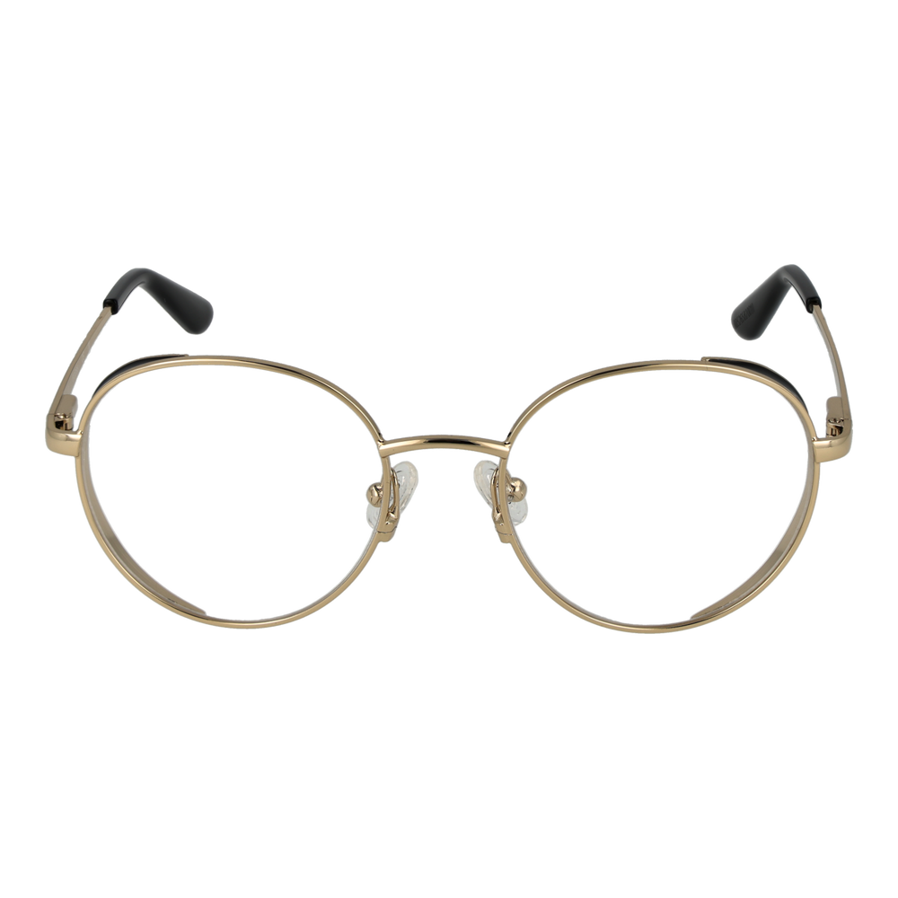 Unisex gold metal round eyeglasses with thin frame and black temple tips, front view on white background.