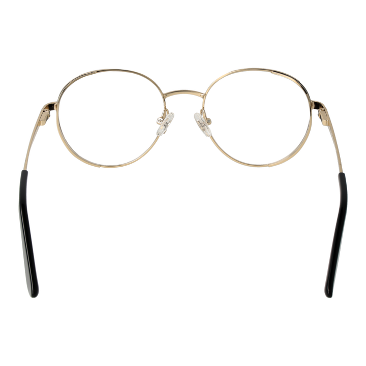 Unisex gold metal round eyeglasses with thin frame and black temple tips, front view on white background.