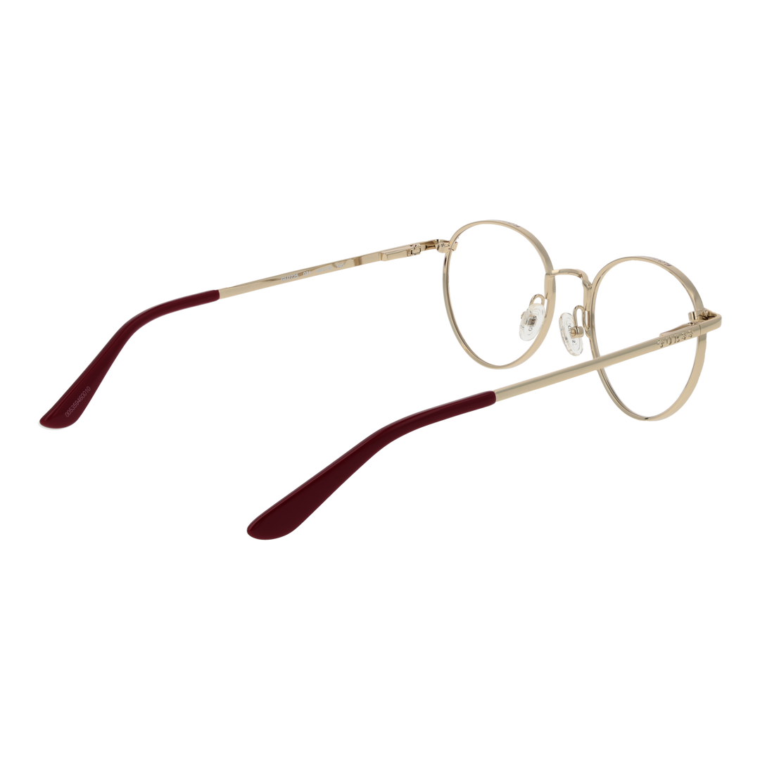 Unisex gold metal round eyeglasses with thin frame and adjustable nose pads against white background