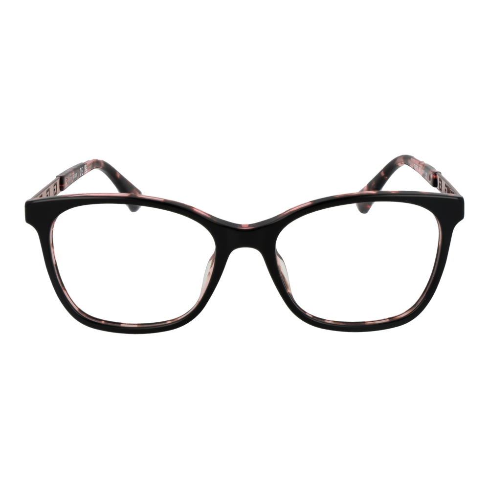 Black and pink tortoiseshell square eyeglasses with metal temple accents, modern fashion-forward style for Women